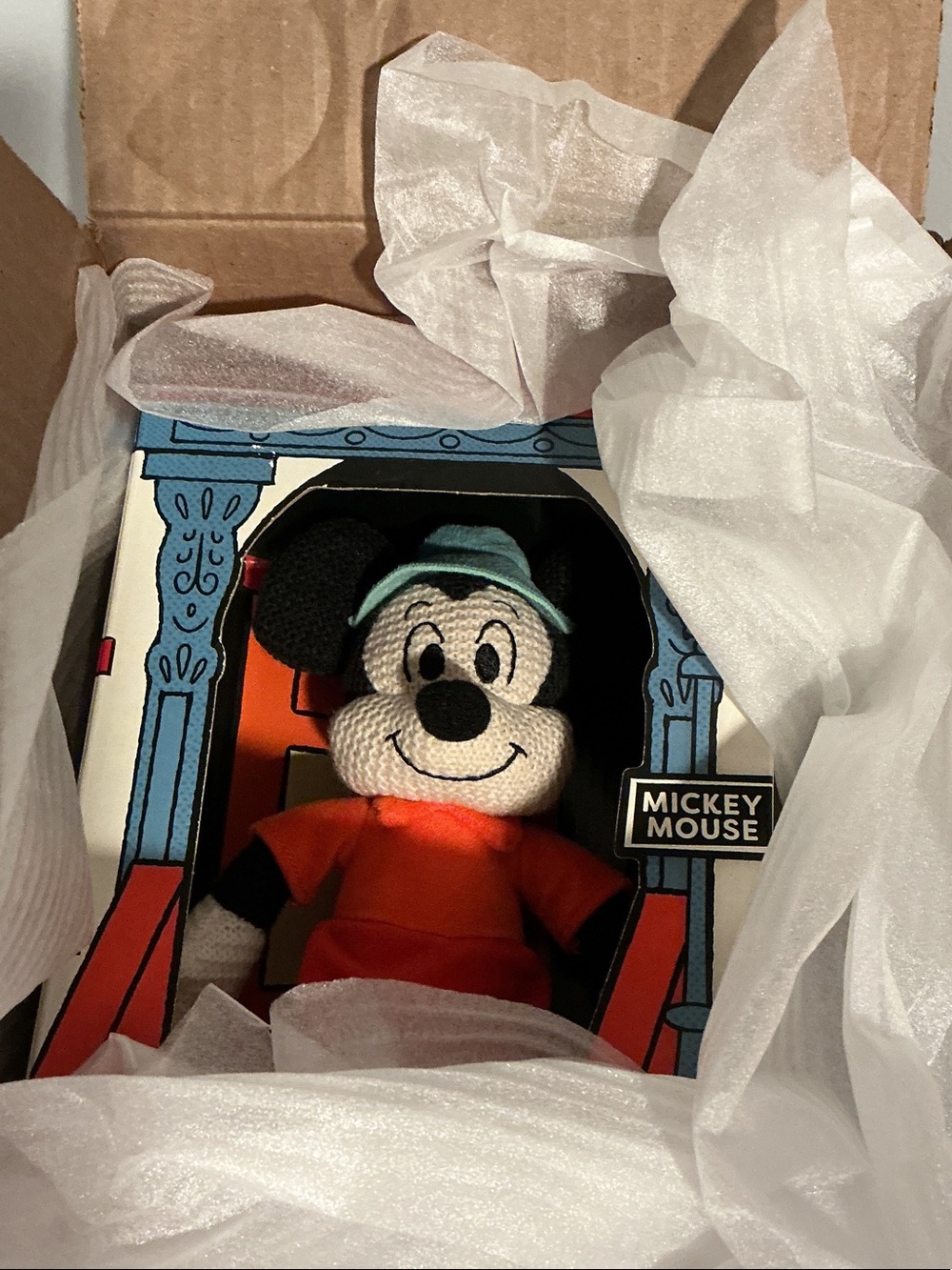 Disney Mickey Mouse Crochet Plush with Orange Shirt and Teal Cap. New